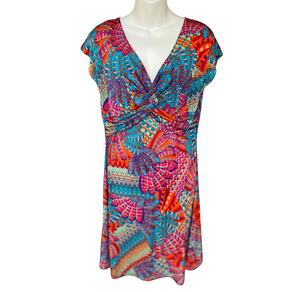 Coline Abstract Bird Print Mini Dress Size L V-Neck Knot Front Boho Summer Multi